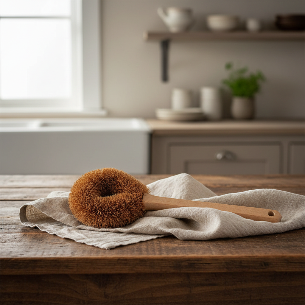 Coconut fiber brush on linen cloth