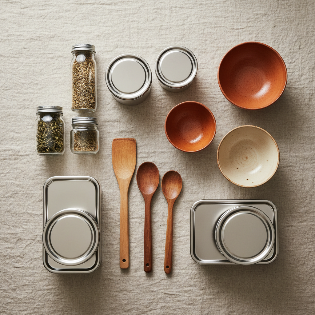 Kitchen essentials with bamboo spatula and stainless steel containers