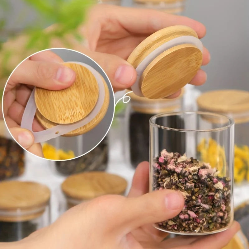 Glass Spice Jars with Bamboo Lids - Set of 12