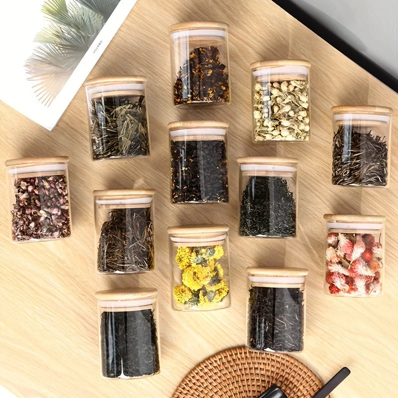 Glass Spice Jars with Bamboo Lids - Set of 12
