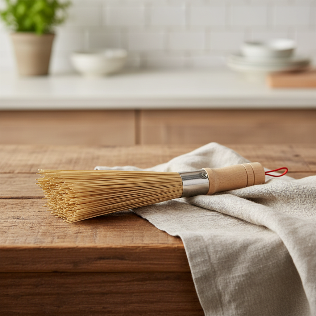 Bamboo brush on wood with linen