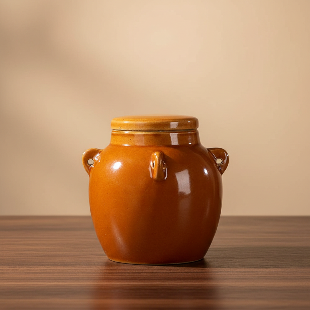 Ceramic jar on wood with warm background