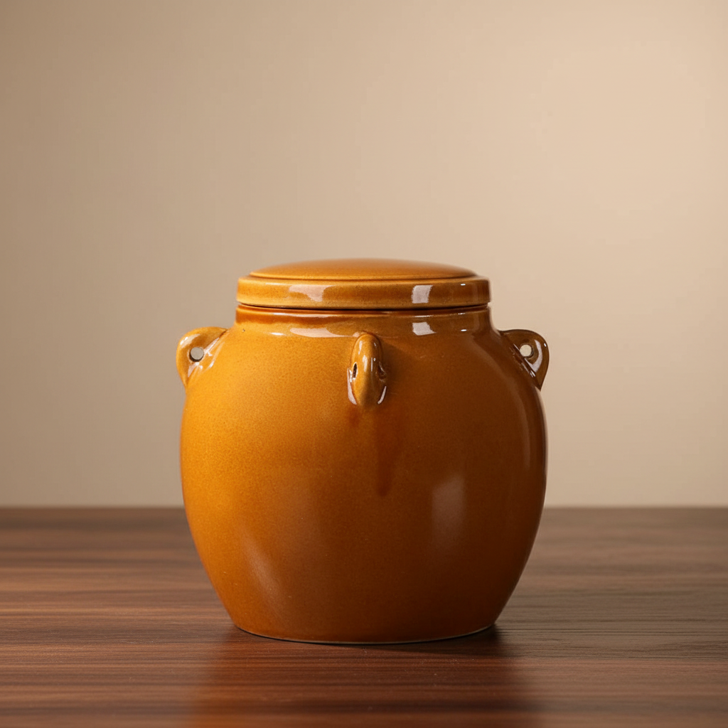 Ceramic jar on wood with warm background