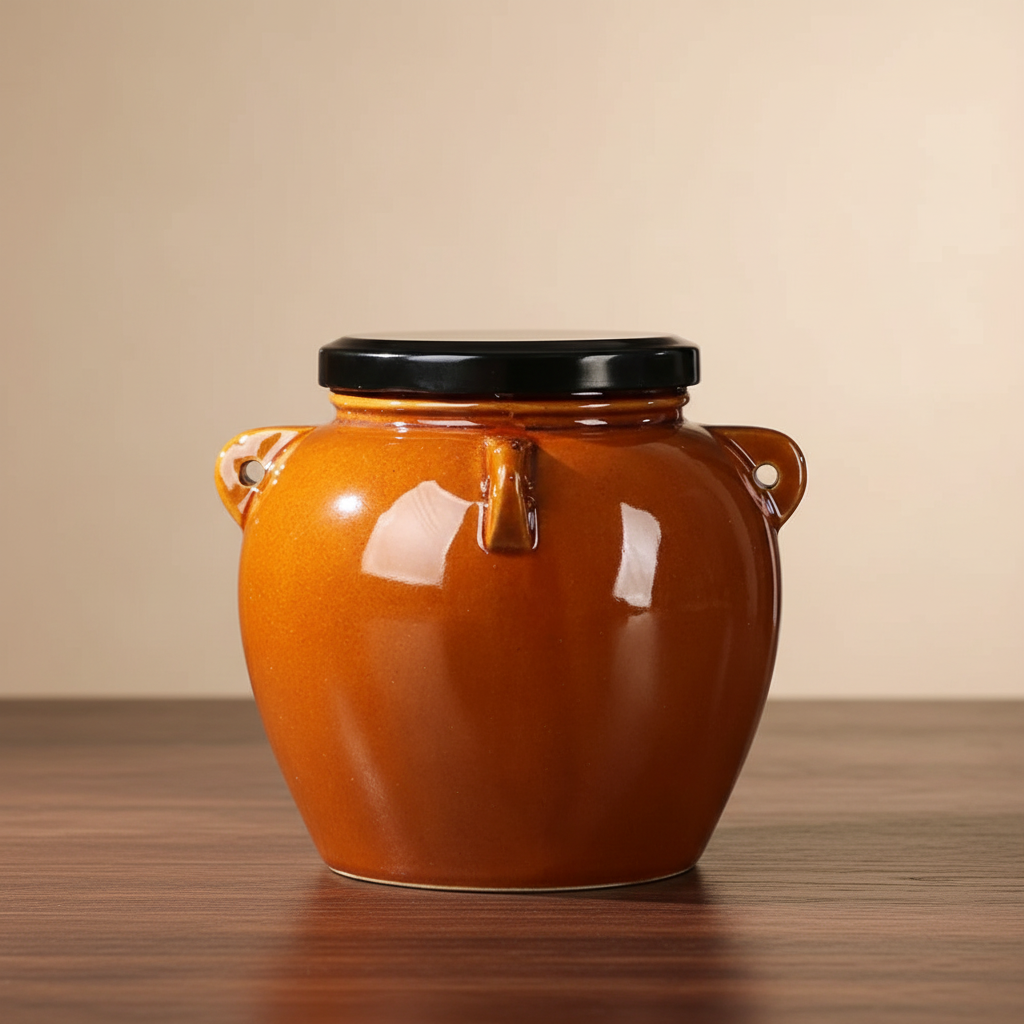 Ceramic jar with black lid on wood