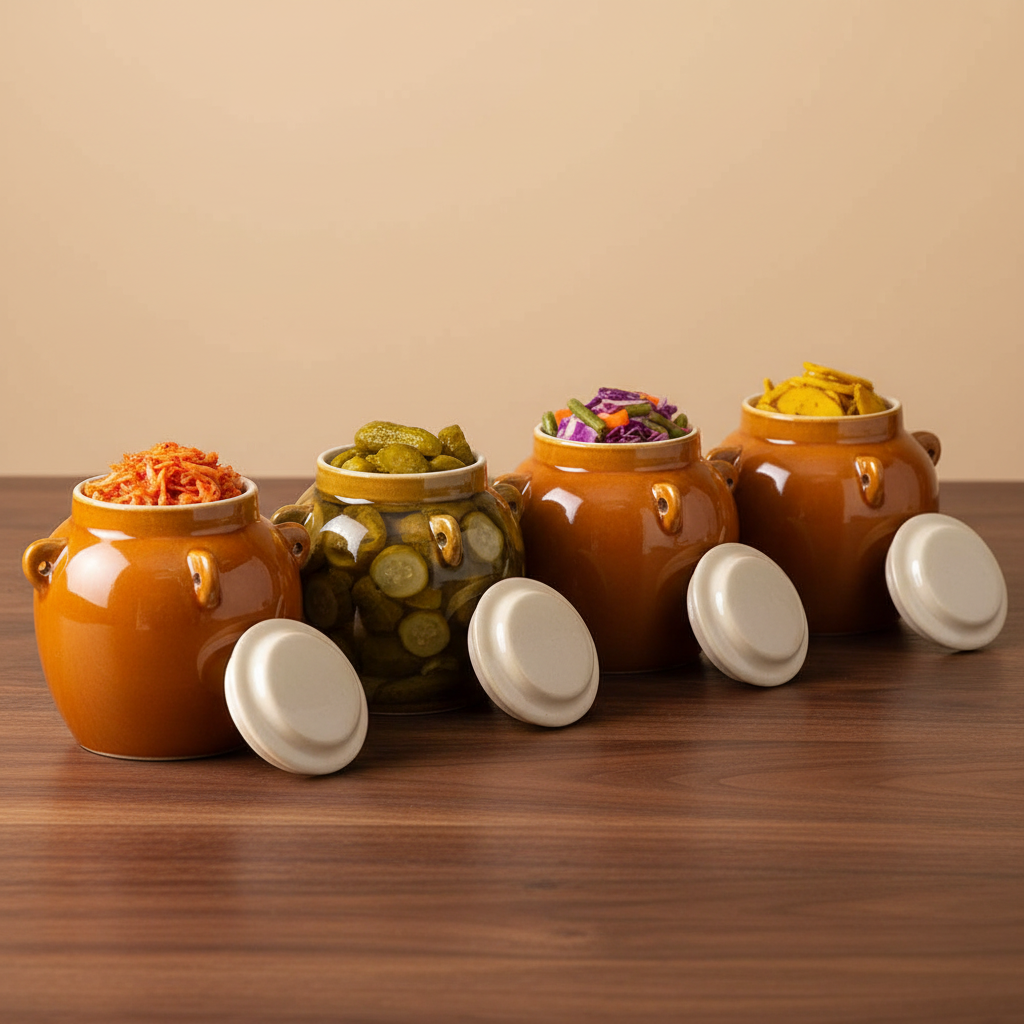 Four jars with kimchi and pickles on dark wood