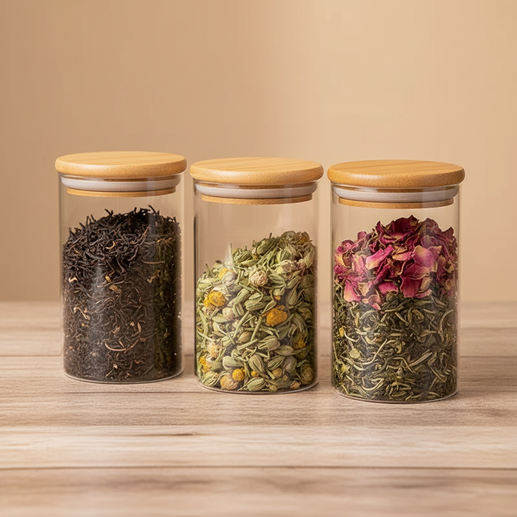 Glass Jars with Teas on Wooden Surface