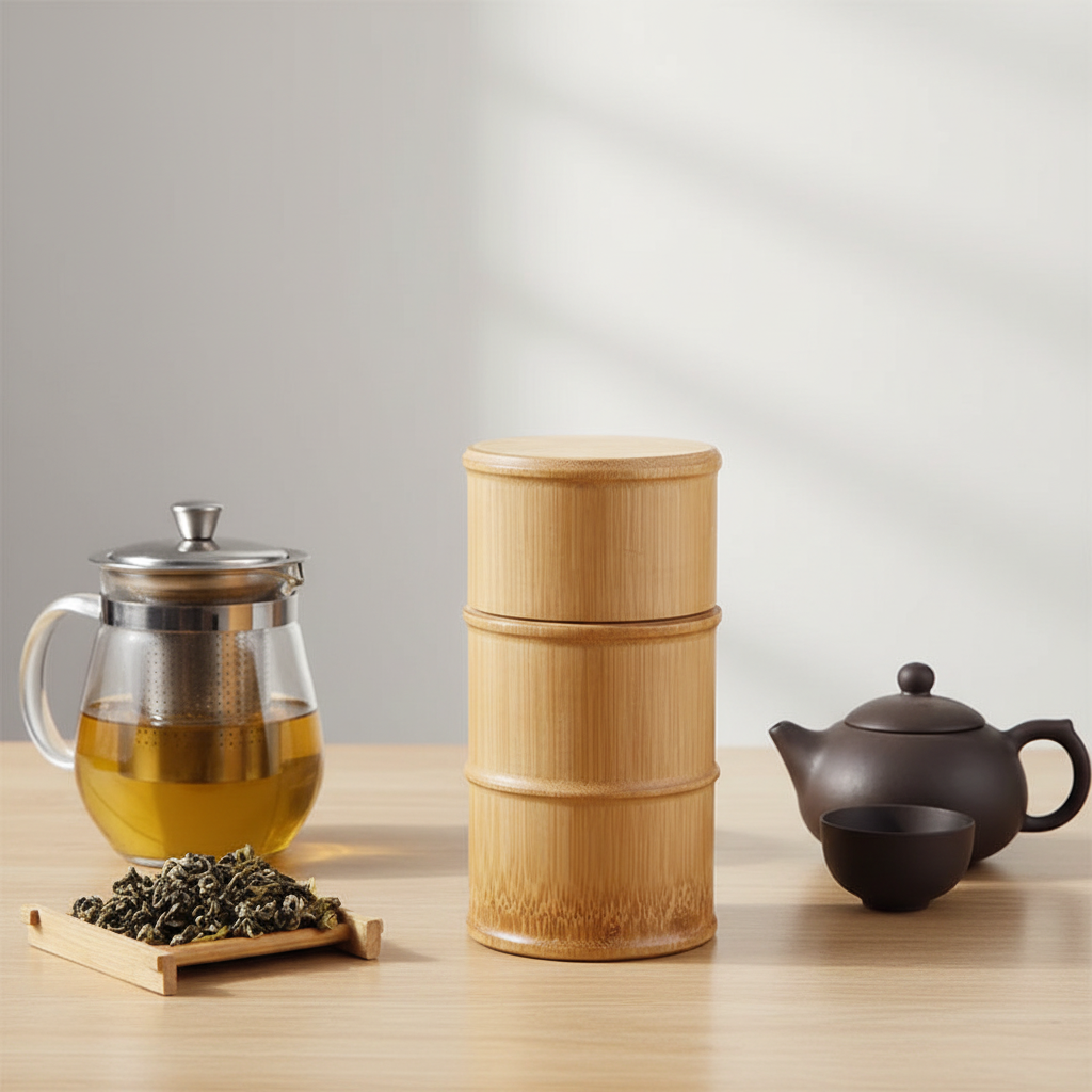 Round Bamboo Container with Tea