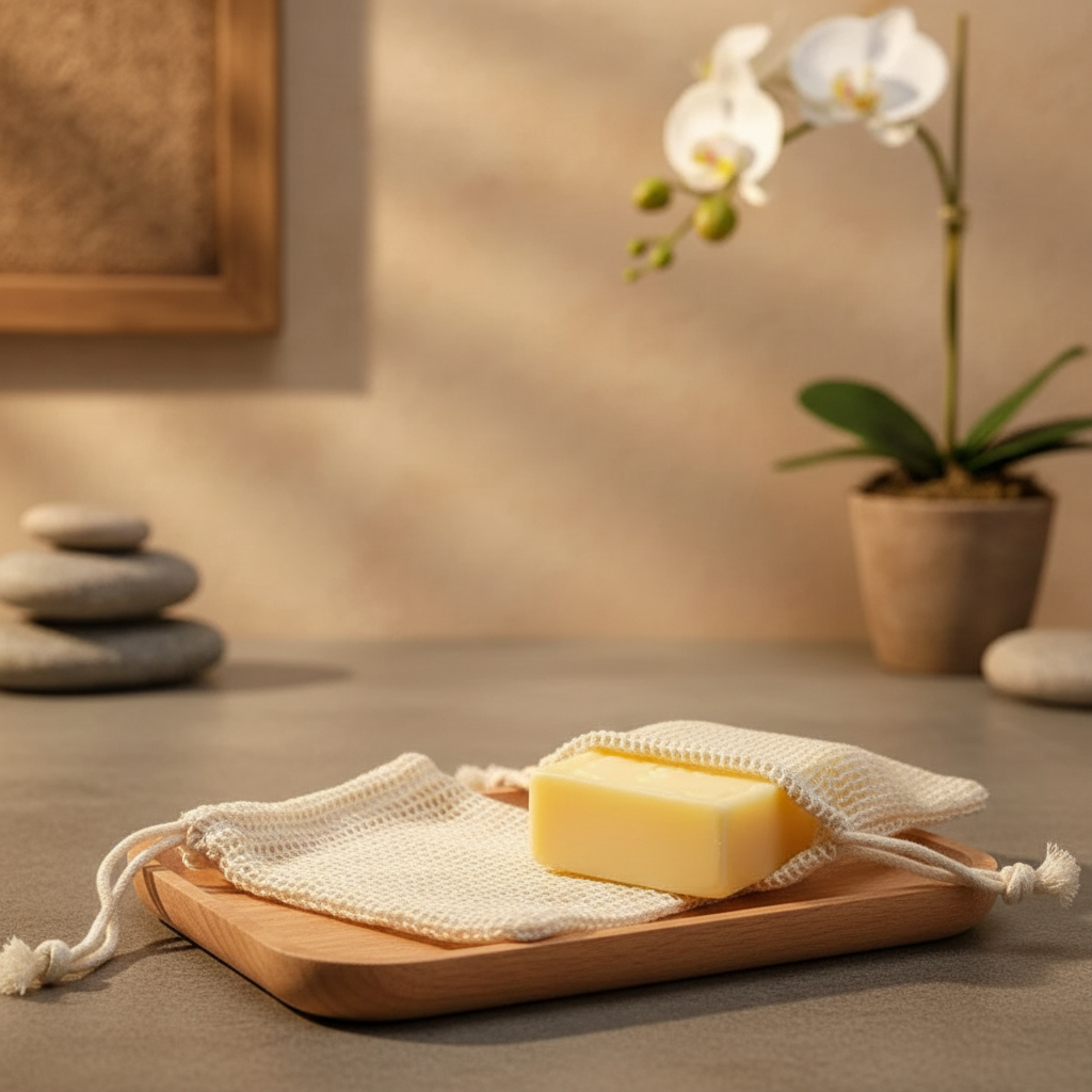 Soap Saver Bags on Wooden Tray