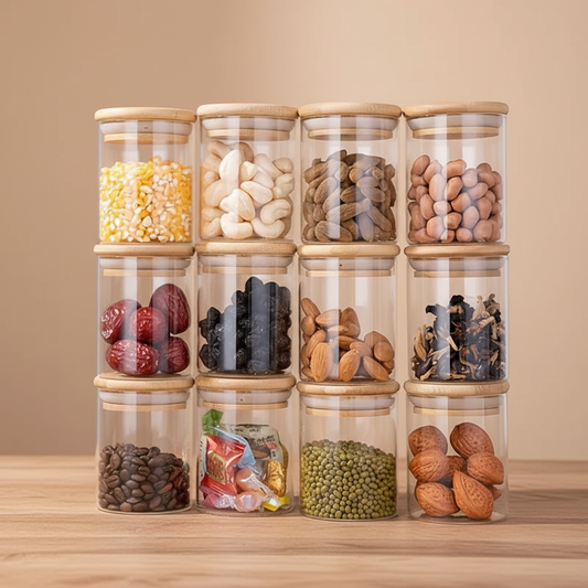 Twelve Glass Jars Stacked with Ingredients