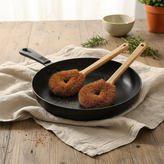 Two coconut brushes in pan on wooden table